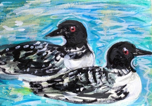ORIGINAL ACEO Painting LOON Water Black BIRD Spring Summer Lake Nature Pond ART