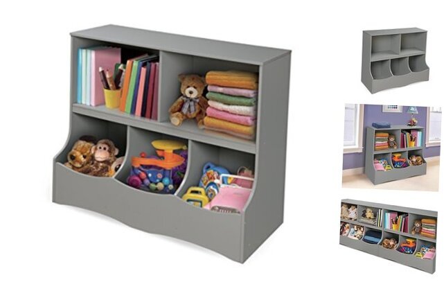 Multi-Bin Toy Storage Organizer and Book Shelf for Kids - Gray Grey