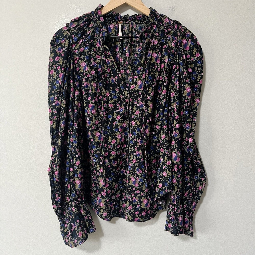 Free People Meant To Be Blouse Black Floral Puff Sleeve Size XS Victorian