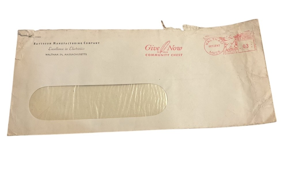 Raytheon Manufacturing Co Waltham MA Electronics 1947 Letterhead Envelope ZJ