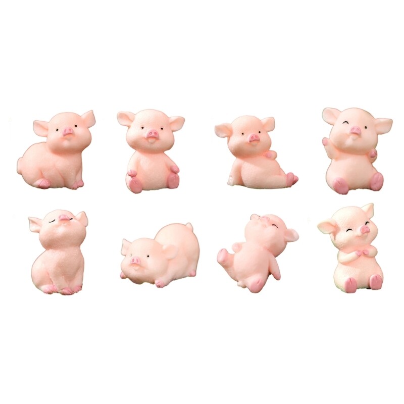 Pack of 8 Pig Figurine Cute Animal Car Decor Cake Toppers for DIY Parties