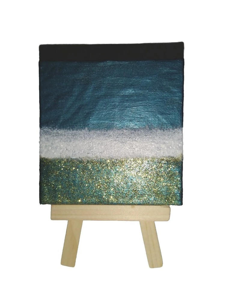 Mini 3x3 Abstract Ocean Beach Acrylic Painting w Easel & Magnet-image