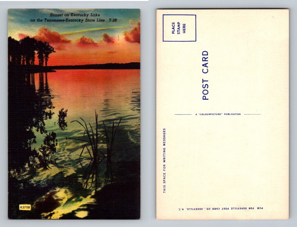 Kentucky Lake, KY-Tennessee, Sunset on State Line Reflection Vintage Postcard