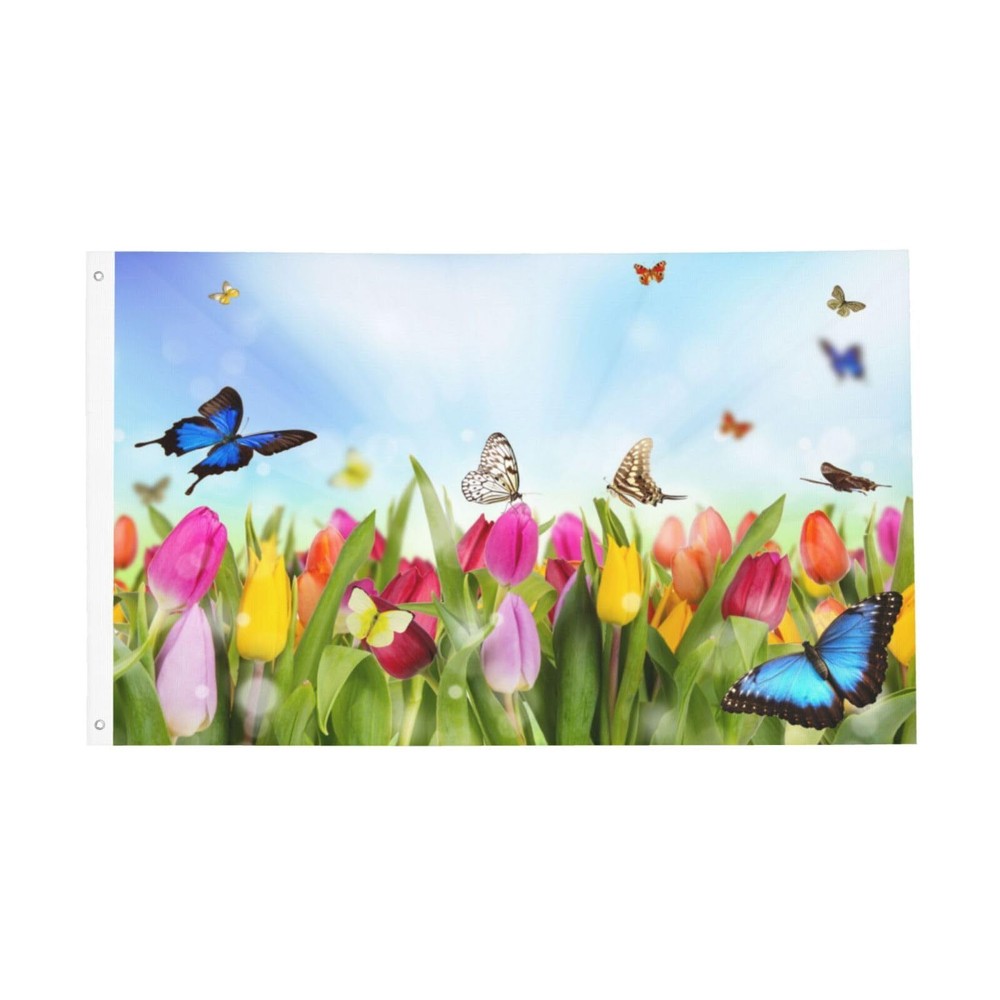 Spring Flowers And Butterflies Flag 3x5 Ft Outdoor Polyester Garden Flag Doub...