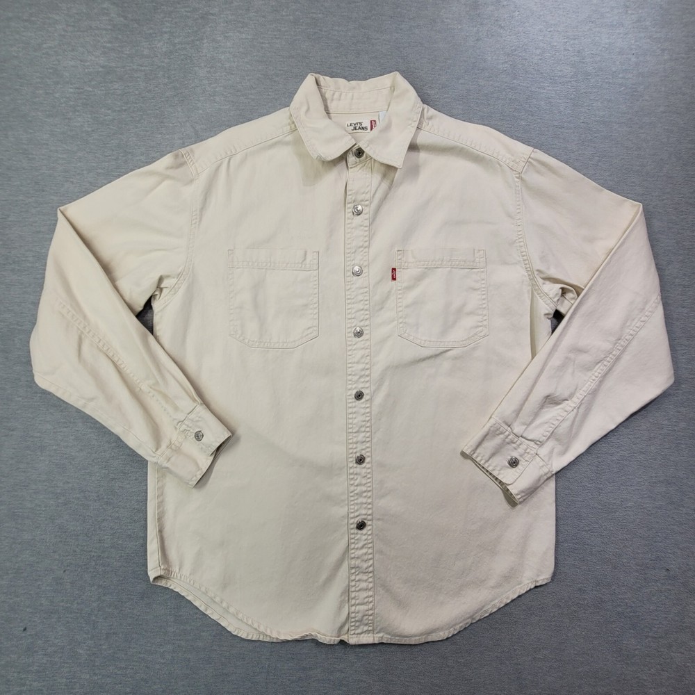 Levis Denim Shirt Mens Medium Ivory Button Up Chest Pockets Jean Red Tab Cowboy