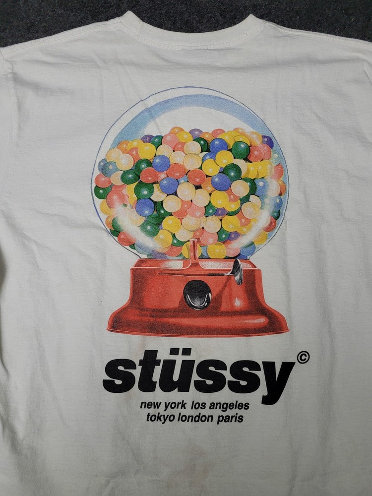 Stussy Shirt Mens L White Gumball Machine Graphic Streetwear Tee Logo Back Print