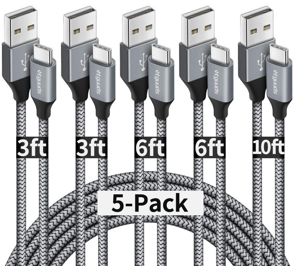 5-Pack USB A to C Fast Charging Cables in 3/6/10 ft Lengths