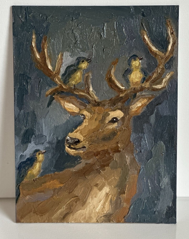 Original Deer and Birds Impressionist Oil Painting Nature Animal Art Canvas