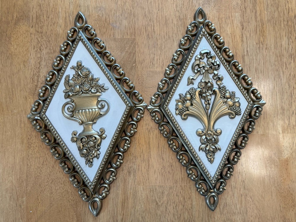 2 Vintage Homco Diamond Wall Hanging Plaques Floral Gold Decor Mid Century MCM