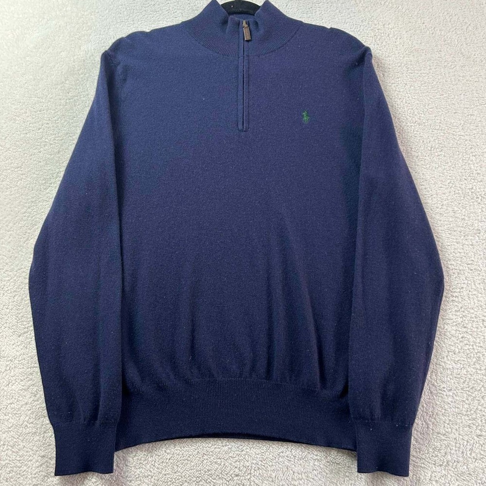 Vintage Polo Ralph Lauren 100% Merino Wool 1/4 Zip Knit Sweater Size XL Navy