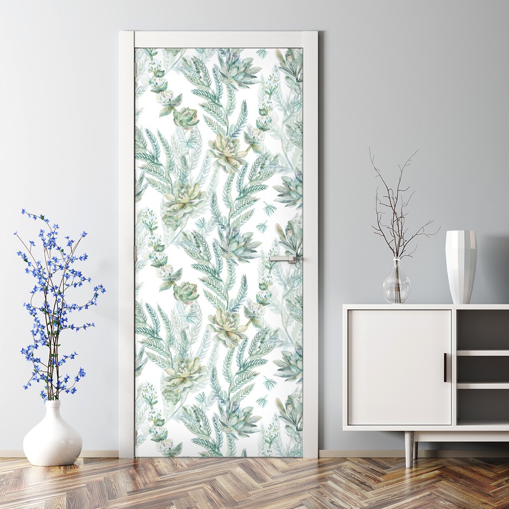 Bubble Free Door sticker Green plants Watercolour Light Soft colour tropical