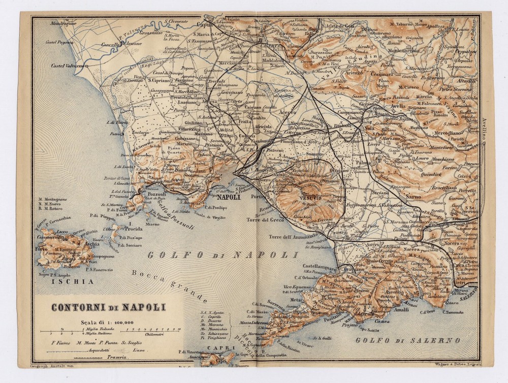 1904 Original Antique Map Of Vicinity Of Naples / Contorni Di Napoli / Italy