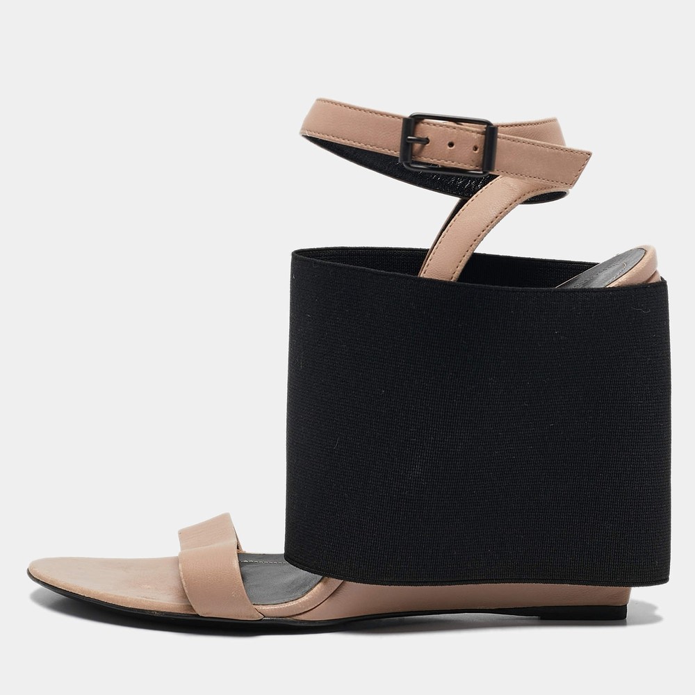 Balenciaga Beige Elastic and Leather Wedge Ankle Strap Sandals Size 395