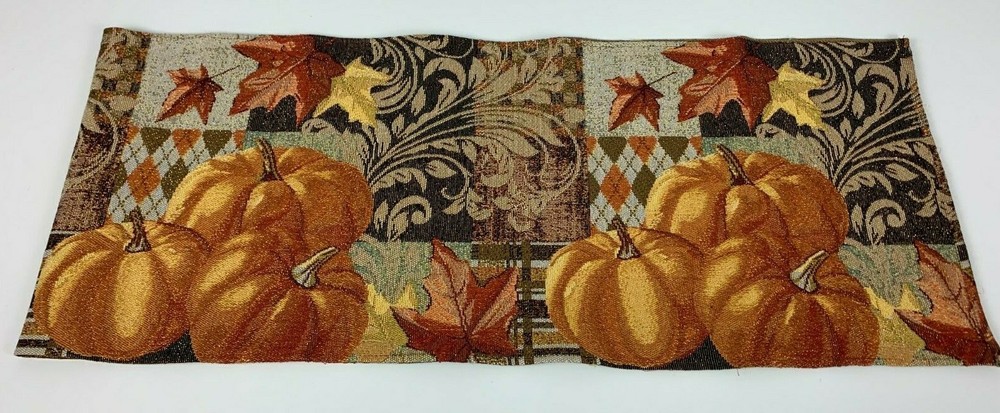 Thanksgiving Holiday Table Runner Fabric Fall Pumpkins Leaves Metallic Fiber 64