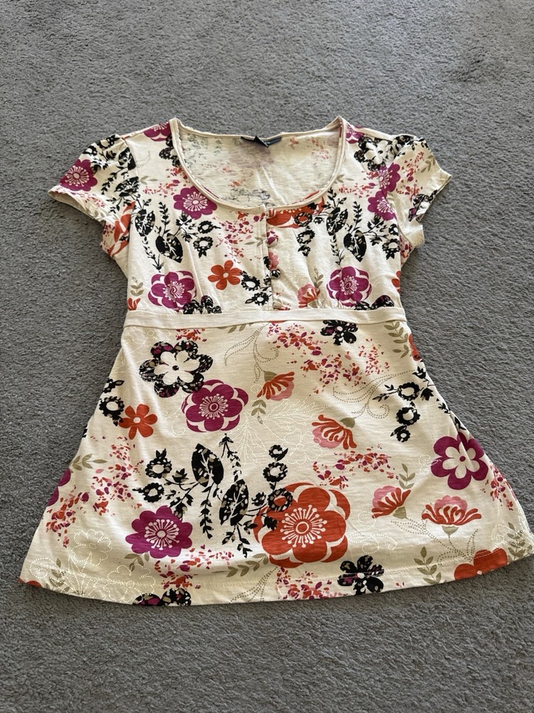 Style & Co Beige Floral Babydoll Tie Back Short Sleeve Top Size M Y2K