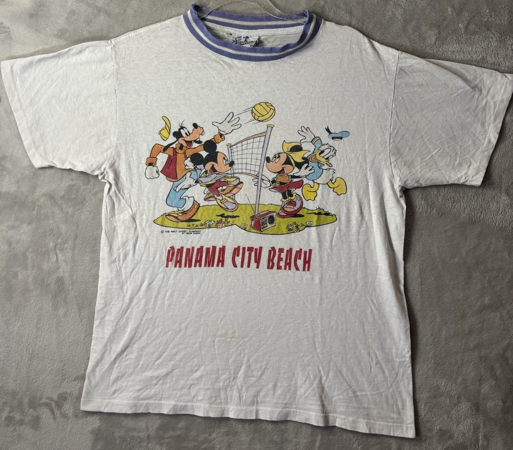 Vintage 80s Disney Mickey Minnie Goofy Panama City Beach Ringer Tee Medium