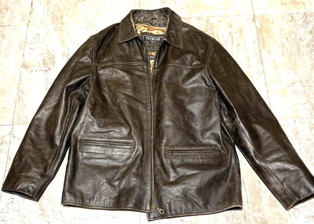 Oakwood Classic Full Zip Brown Leather Jacket Size L Thinsulate Removable Liner