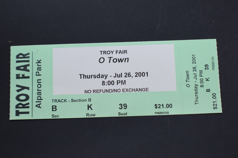 2001 O TOWN Boy Band FULL Ticket - Troy Fair Alparon Park.Pa