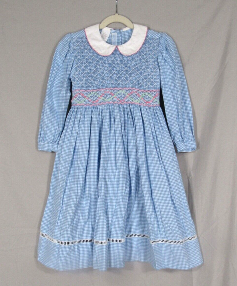 VIVE LA FETE Blue GINGHAM Cotton Twill SMOCKED Embroidered Detail CHURCH DRESS 4