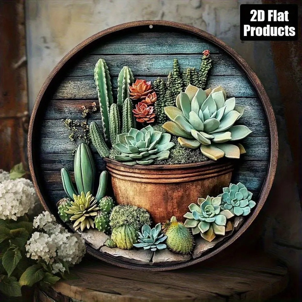 Rustic Cluster Plant Cactus Theme Round Aluminum Wall Art