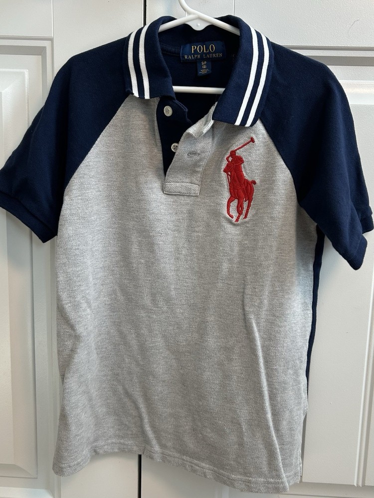Polo Ralph Lauren Boys Size Small/8 Big Pony Gray/Blue Sleeves Preppy EUC
