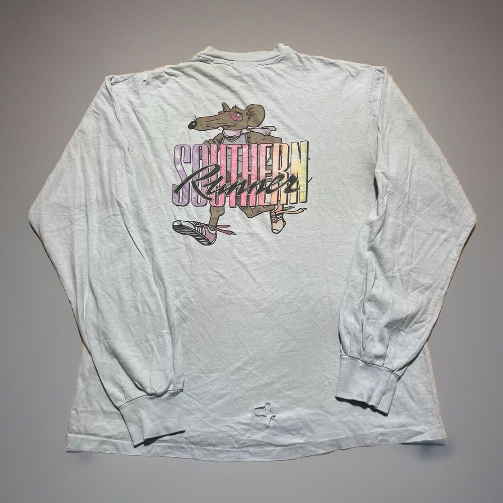 Vintage 80s Southern Runner Rat Graphic Long Sleeve Thrashed Shirt Size XL