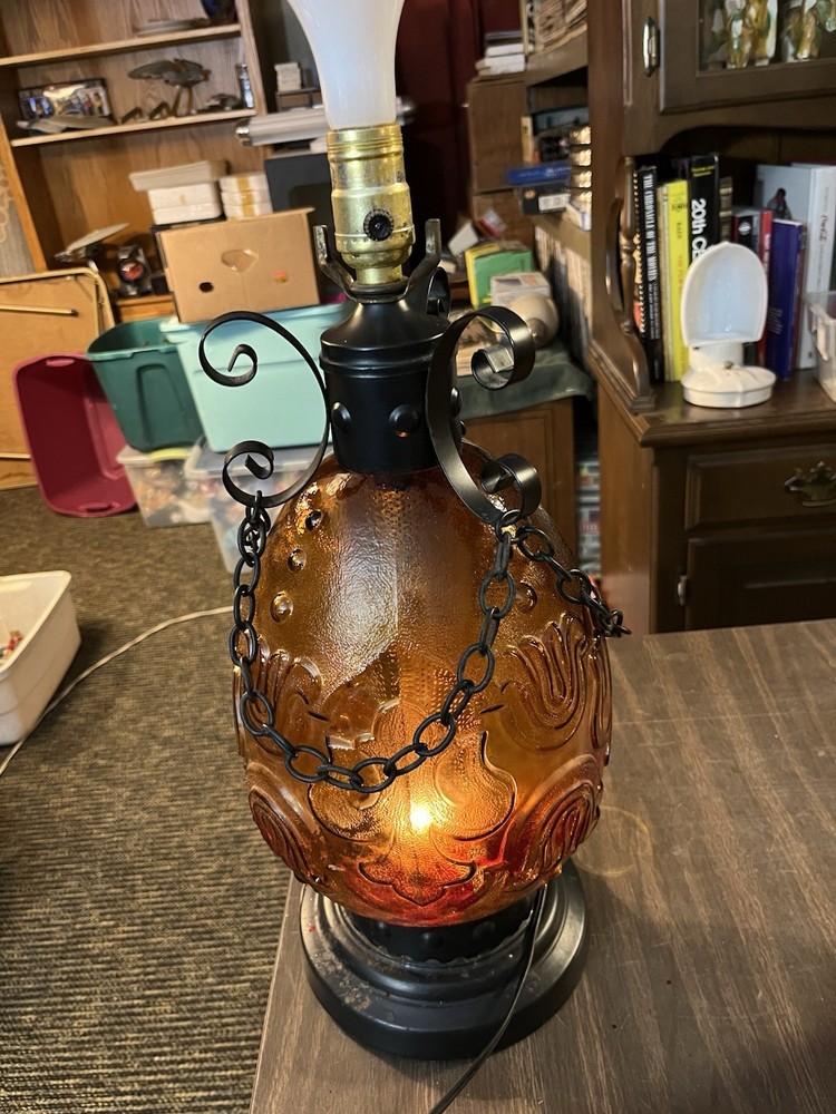 Vintage MCM Spanish Revival Gothic 3-way, Amber Glass Globe, Table Lamp Working!