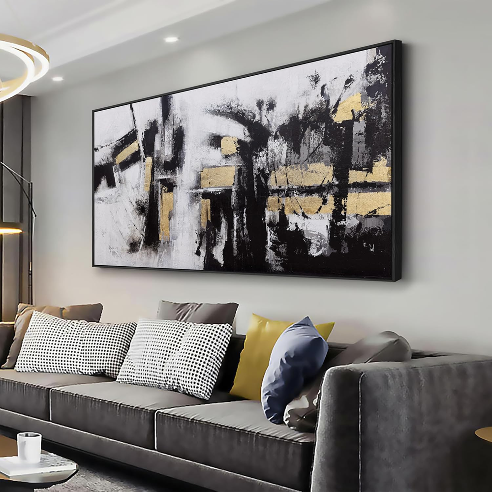 Abstract Wall Art Canvas Painting Black White Gold Framed Artwork Modern Art Wal