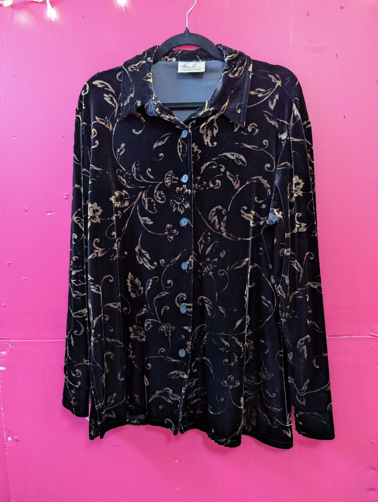 Y2K VTG Kathie Lee Shirt Womens Medium Black Bronze Stretch Velvet Floral