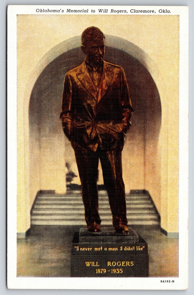 Claremore OK~Oklahoma Memorial To Will Rogers~Vintage Linen Postcard