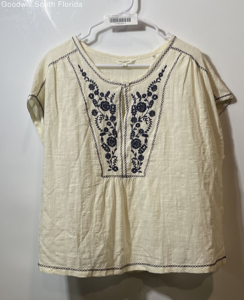 Max Studio Womens Beige Embroidered Short Sleeve Pullover Blouse Top Size Large