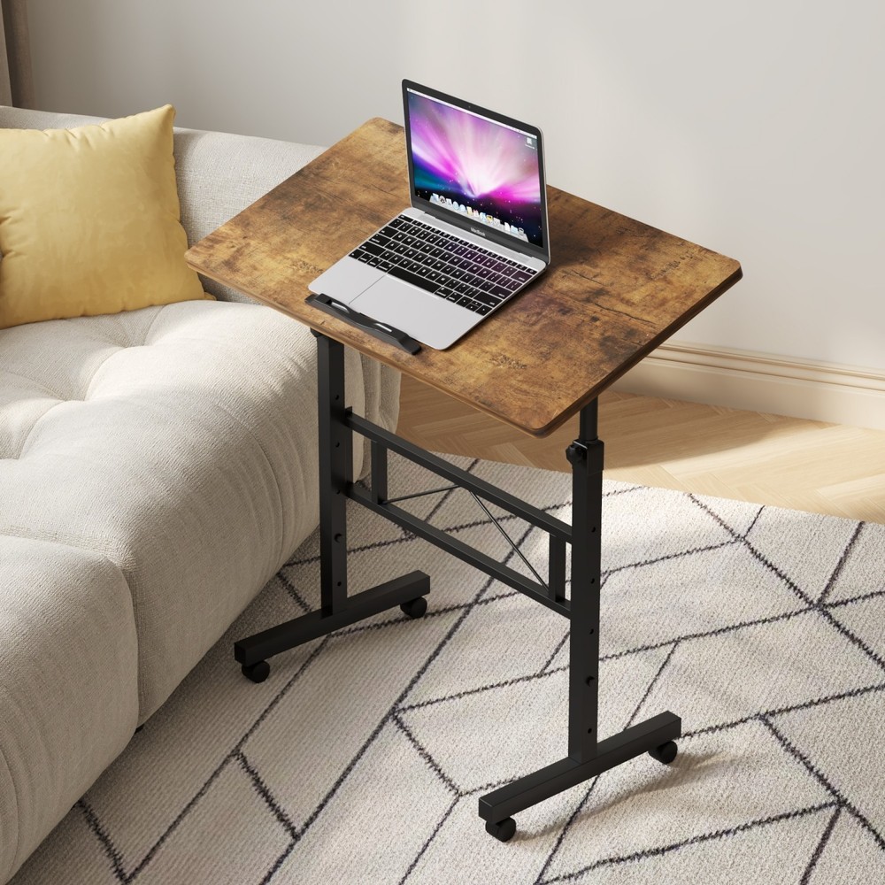 Folding Laptop Mobile Standing Desk with Wheels Height Adjustable Rustic Brown