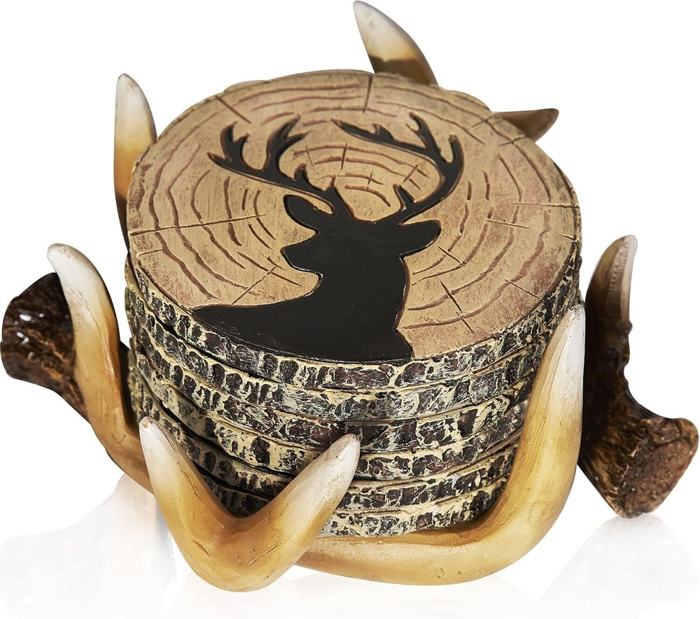 Deer Antler Coasters - 6 Full Size Rustic Coasters Cabin Hunting Home Decor Gift