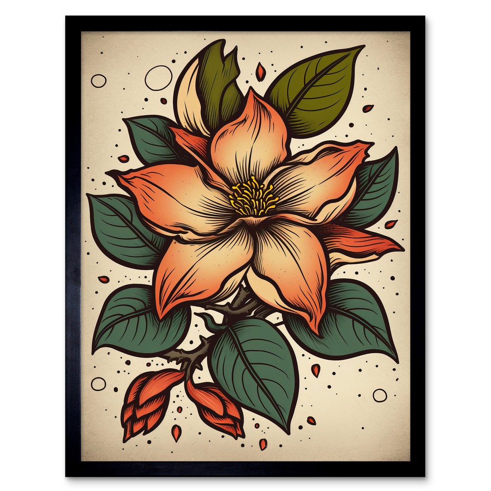 Red Jasmine Old School USA Tattoo Rockabilly 50s Framed Print Wall Art 12x16