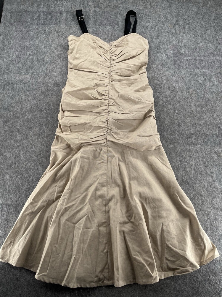 ATSU Anthropologie Womens Ruched Beige Midi Linen Blend Sweetheart Dress Size 4