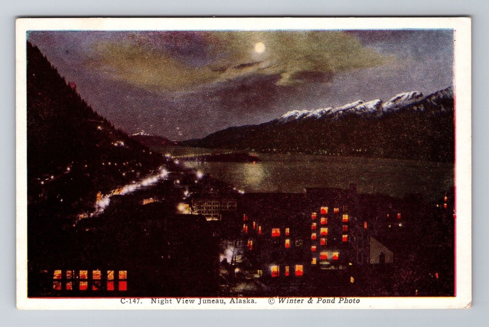 Juneau AK-Alaska, Aerial Night View Of Town, Antique, Vintage Souvenir Postcard