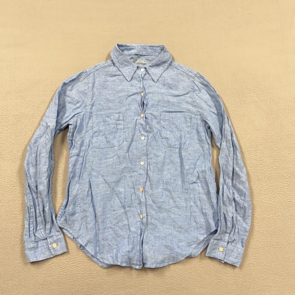 Lilly Pulitzer Shirt Womens XS Blue Linen Chambray Button Up Long Sleeve Top