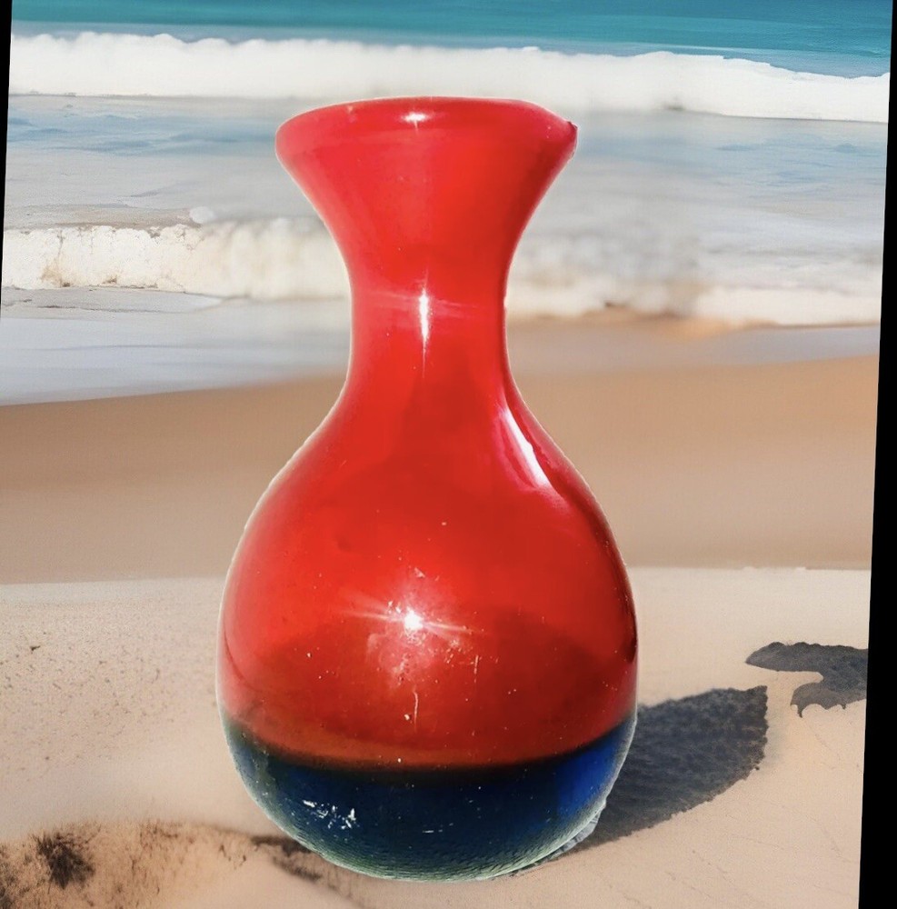 RARE MYSTIQUE ART GLASS, RED VASE SMALL NECK  BULBOUS BODY BLUE WEIGHTED BASE