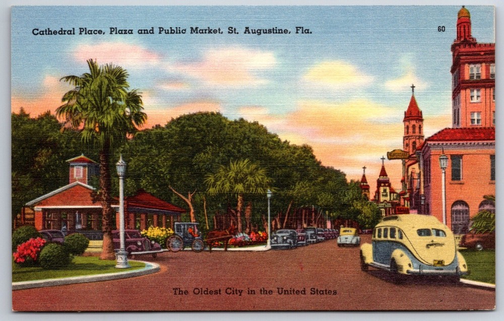 St Augustine Florida~Cathedral Place Plaza & Public Market~Linen Postcard