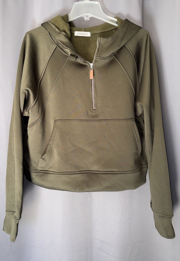 LASLULU Women's Top Size XL Olive Green Scuba Cropped 1/4 Zip Hoodie