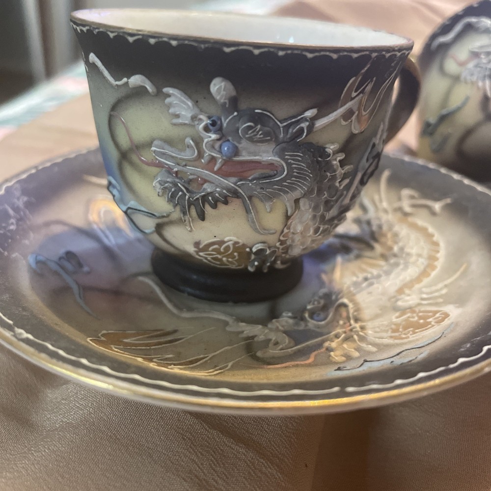 Vintage Dragonware Moriage Porcelain Tea Cup & Saucer set Japan Black Gold 5pc