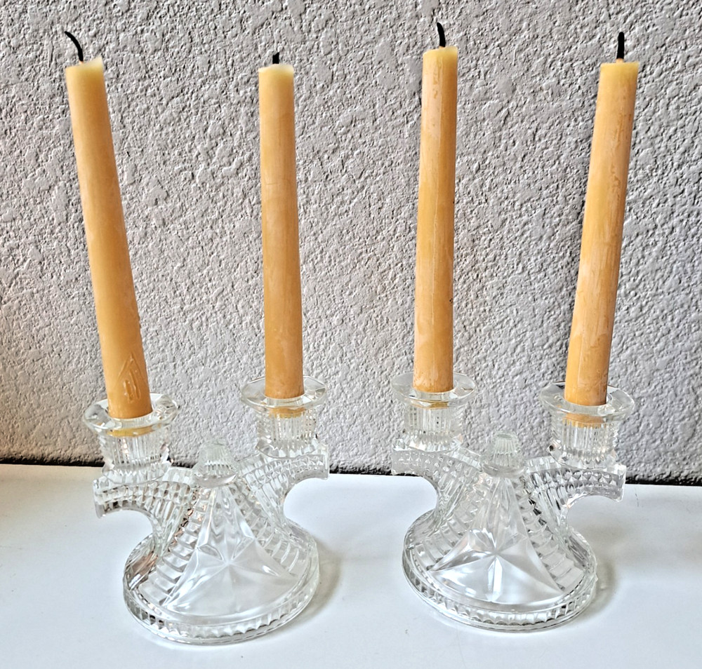 2 Candle Stick Holders Federal Glass Double - VTG 1940 Wigwam Pattern