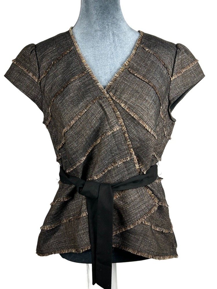 Classiques Entier Womens Surplice Bust Tiered Blouse Black w/ Belt M Elegant