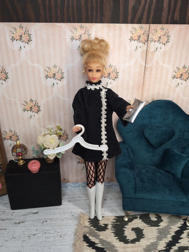 Vintage Barbie / Francie Clone Outfit - Dress, Fishnet Nylons, Boots, Clutch +
