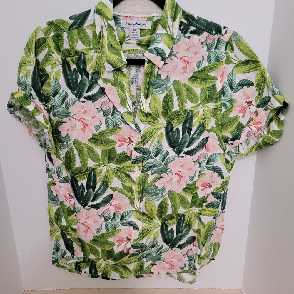 Tommy Bahama Womens Small Linen Summersweet Floral Tropical Button Camp Shirt