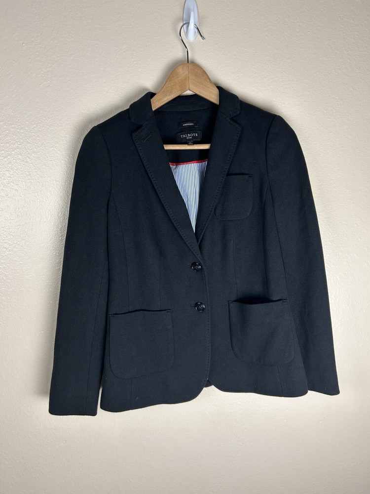 Talbots 0P 0 Petite Aberdeen Blazer Jacket Black Cotton Knit Stitch Career Notch