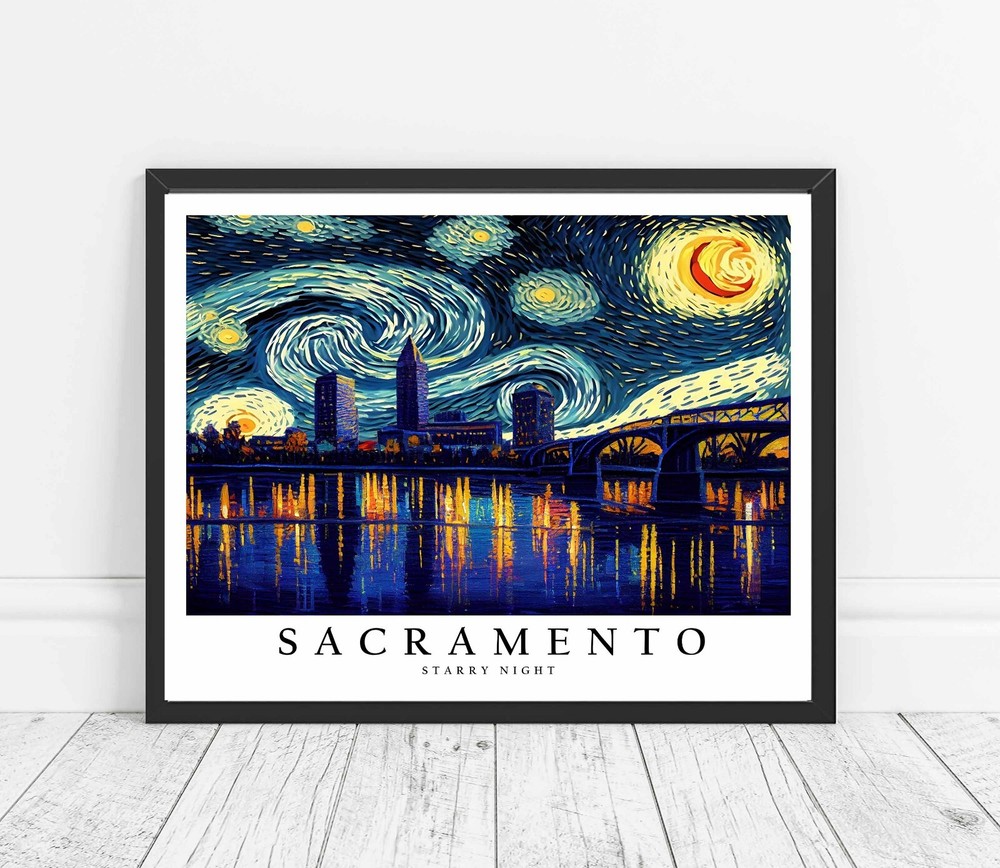 Sacramento City Starry Night Photo Art Print Poster Wall Art Painting
