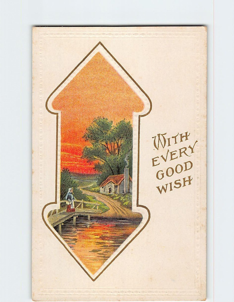 Postcard Embossed Vintage Greeting Card  Scenic Sunset & River Bridge