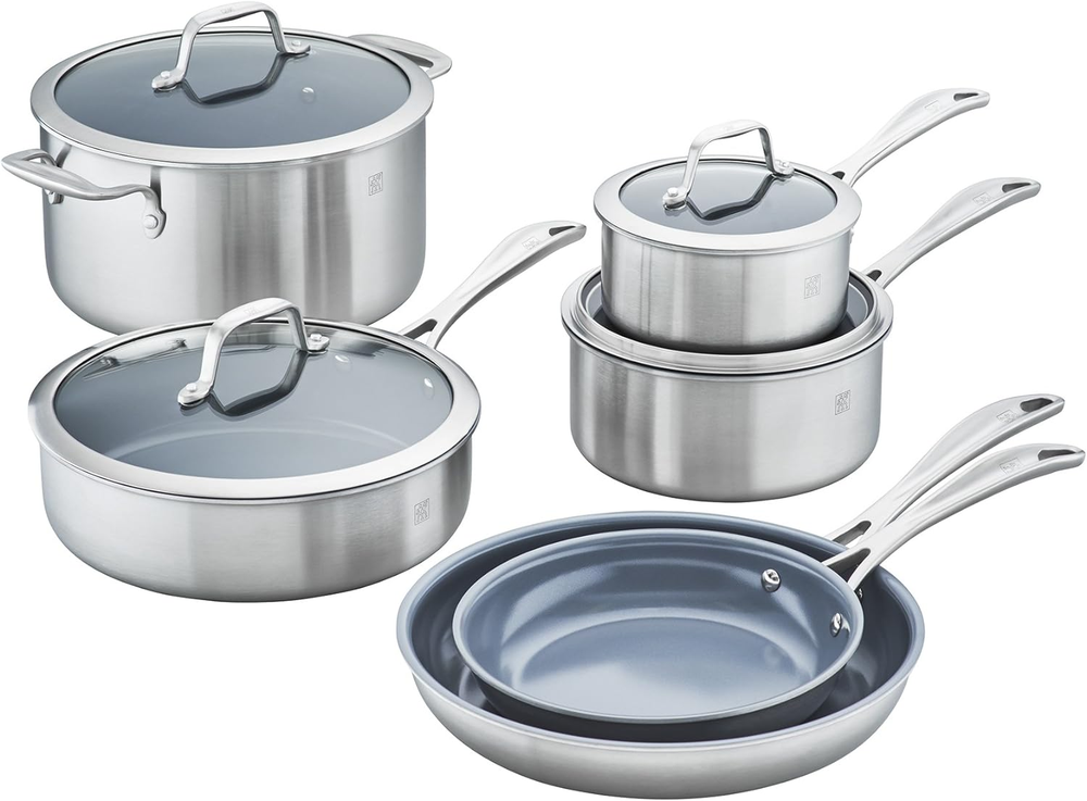 ZWILLING Spirit 3-Ply 10-Pc Stainless Steel Ceramic Nonstick Pots and Pans Set,