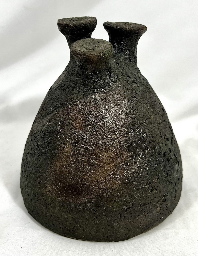 Vtg MCM Bizen Ware Studio Pottery Vase Three Spout Wabi Sabi Signed Brutalist 5”